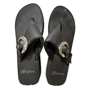 Brighton Black Thong Sandals Silver Buckle Design Heart Patterned Sole 9.5 women